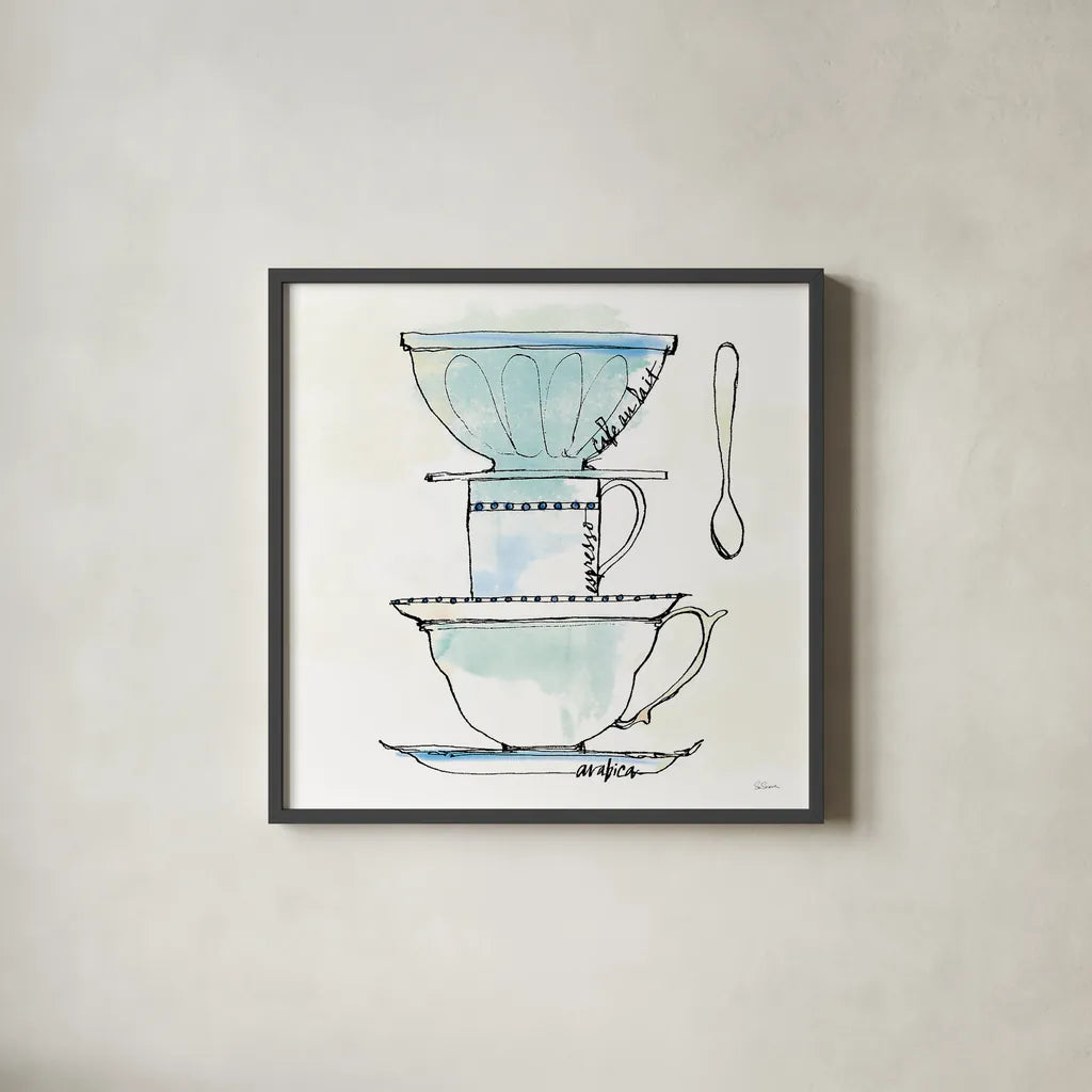 Good Brew V by Sue Schlabach. Shown in a sleek black glass frame for a contemporary gallery look. Available as an archival giclee rolled canvas, fine art paper, or poster print. SKU 25047a.
