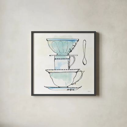 Good Brew V by Sue Schlabach. Shown in a sleek black glass frame for a contemporary gallery look. Available as an archival giclee rolled canvas, fine art paper, or poster print. SKU 25047a.
