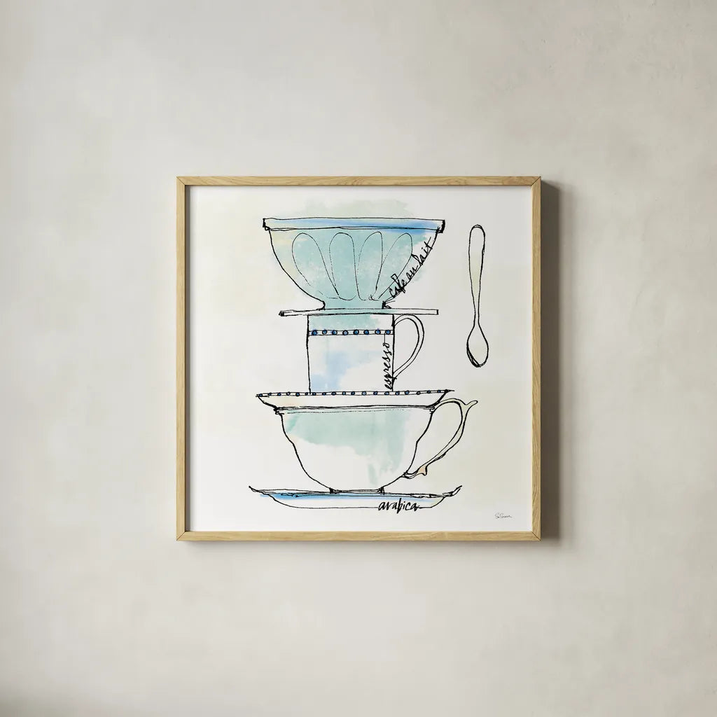 Good Brew V by Sue Schlabach. Shown in a natural wood glass frame for a timeless modern aesthetic. Available as an archival giclee rolled canvas, fine art paper, or poster print. SKU 25047a.