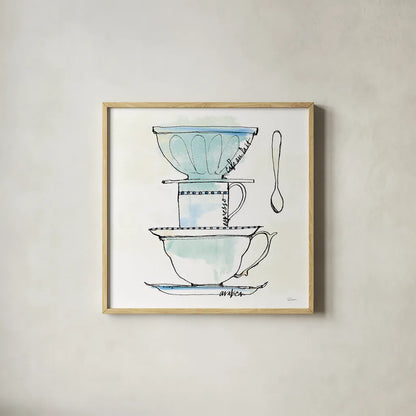 Good Brew V by Sue Schlabach. Shown in a natural wood glass frame for a timeless modern aesthetic. Available as an archival giclee rolled canvas, fine art paper, or poster print. SKU 25047a.