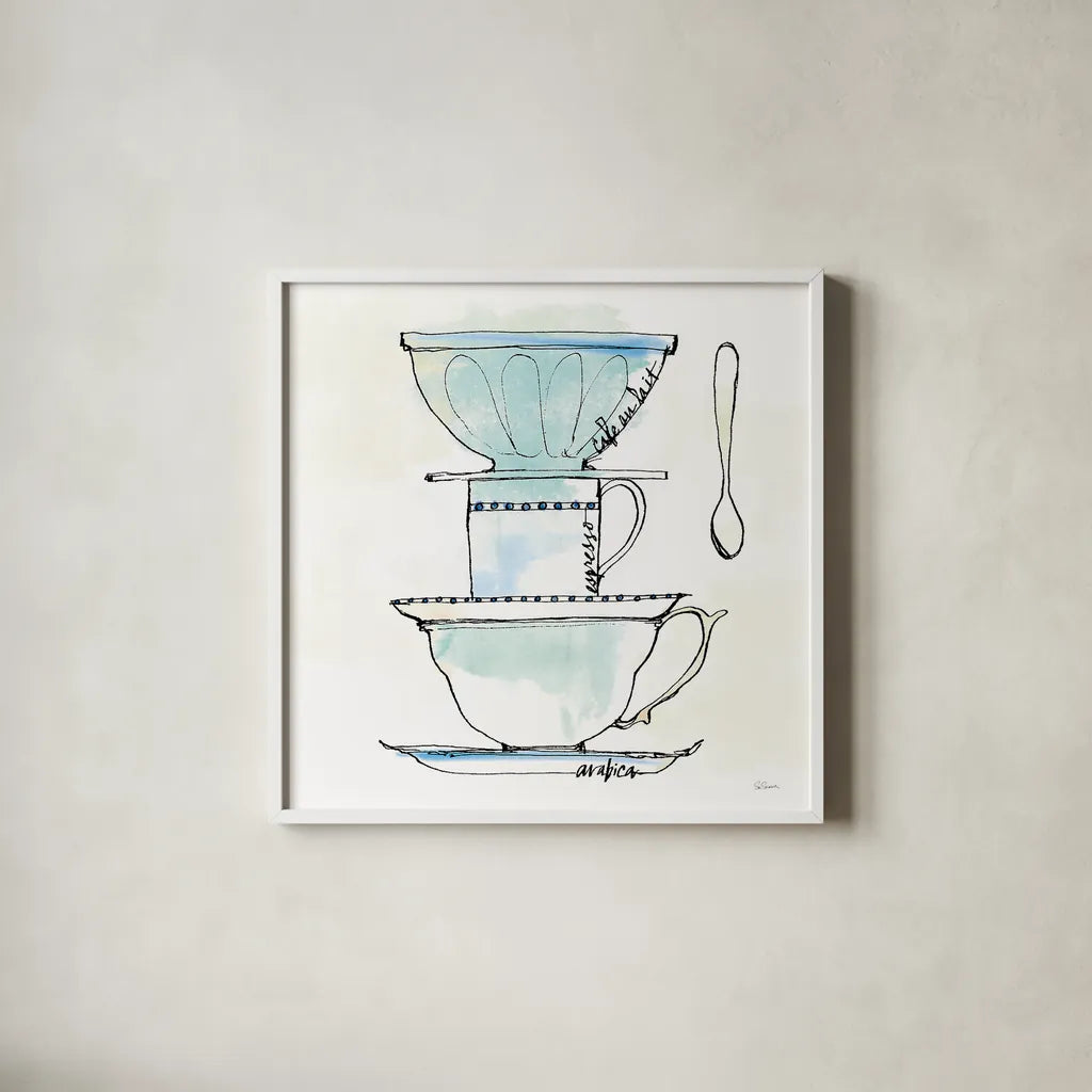 Good Brew V by Sue Schlabach. Shown in a crisp white glass frame for a clean and minimalist style. Available as an archival giclee rolled canvas, fine art paper, or poster print. SKU 25047a.