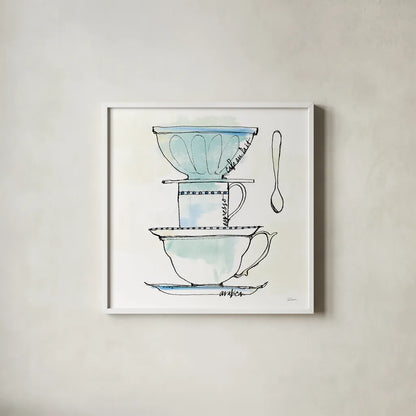 Good Brew V by Sue Schlabach. Shown in a crisp white glass frame for a clean and minimalist style. Available as an archival giclee rolled canvas, fine art paper, or poster print. SKU 25047a.