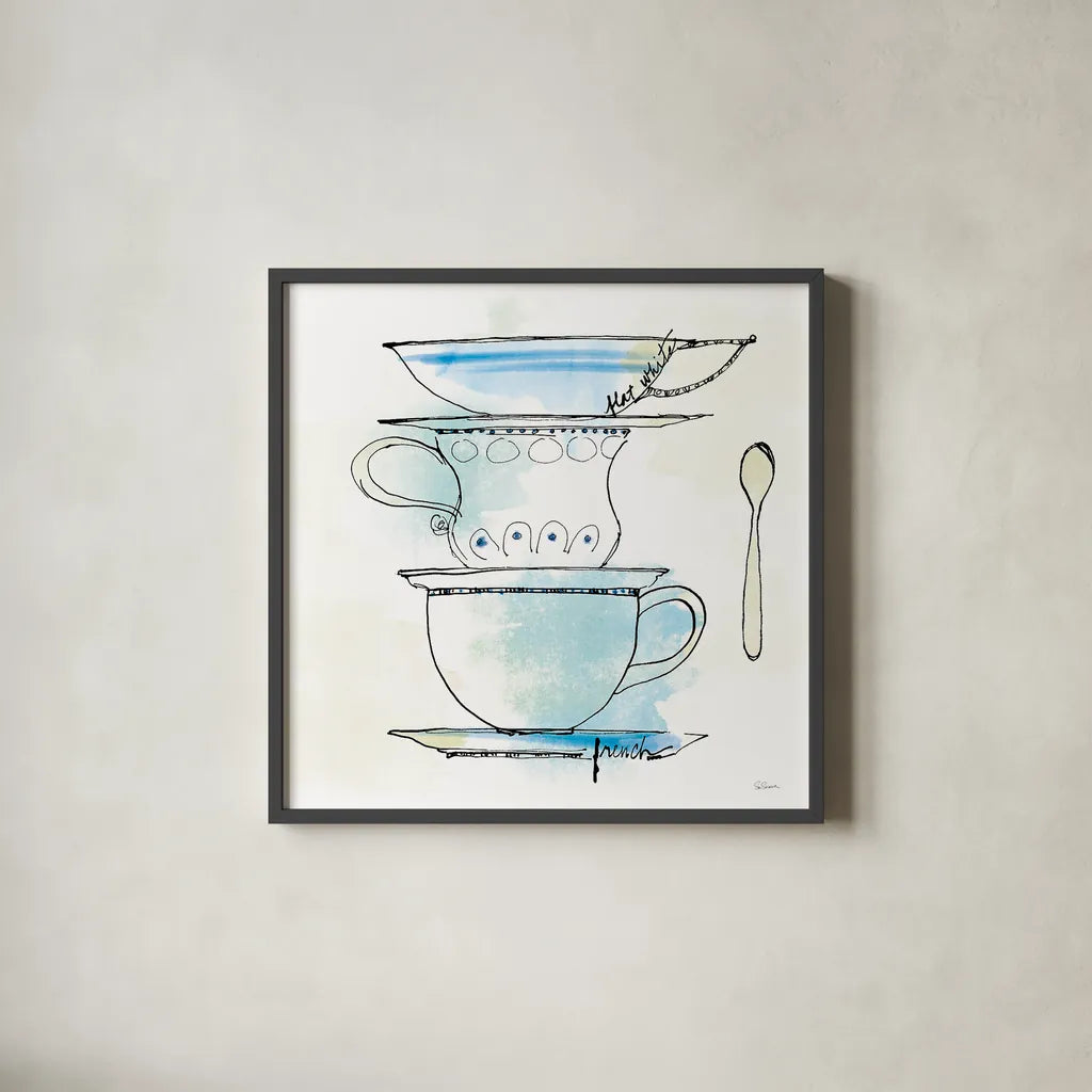 Good Brew VI by Sue Schlabach. Shown in a sleek black glass frame for a contemporary gallery look. Available as an archival giclee rolled canvas, fine art paper, or poster print. SKU 25048a.