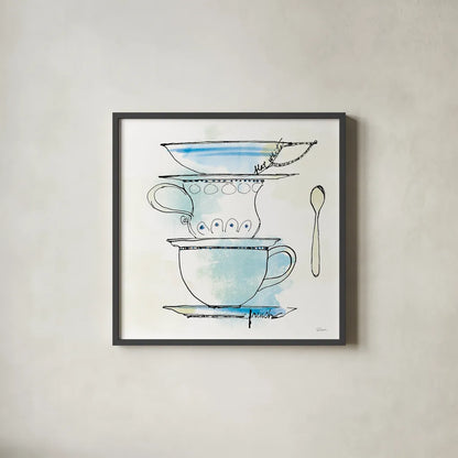 Good Brew VI by Sue Schlabach. Shown in a sleek black glass frame for a contemporary gallery look. Available as an archival giclee rolled canvas, fine art paper, or poster print. SKU 25048a.