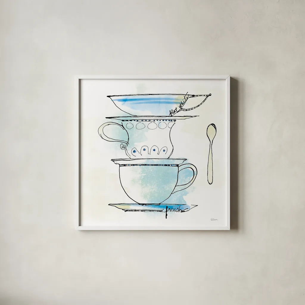 Good Brew VI by Sue Schlabach. Shown in a crisp white glass frame for a clean and minimalist style. Available as an archival giclee rolled canvas, fine art paper, or poster print. SKU 25048a.
