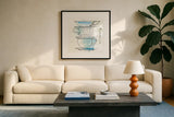 Good Brew VI by Sue Schlabach. Displayed in a glass frame with matte in a clean modern living room. Available as an archival giclee rolled canvas, fine art paper, or poster print. SKU 25048a.