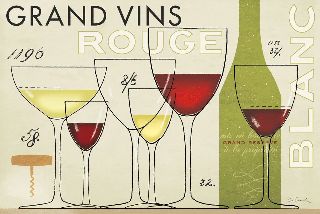 Grand Vins by Sue Schlabach. SKU 31789i. Archival Giclee Fine art print for wall decor.