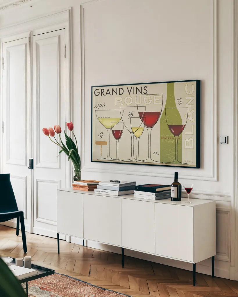 Grand Vins by Sue Schlabach. shown as a framed stretched canvas in a living room above a console. Available as a archival giclee rolled canvas, fine art paper, or poster print. SKU 31789i.