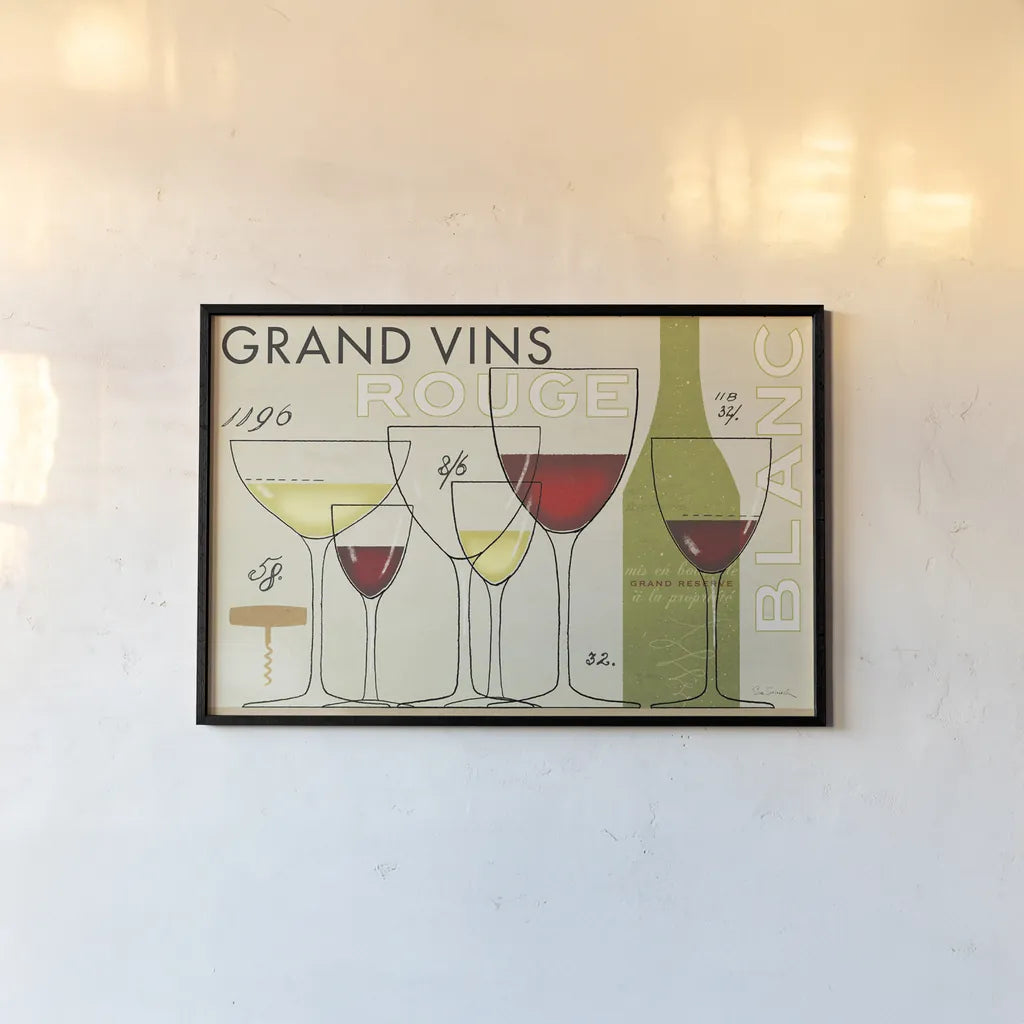 Grand Vins by Sue Schlabach. shown as a paper print in a black flame. Available as a archival giclee rolled canvas, fine art paper, or poster print. SKU 31789i.