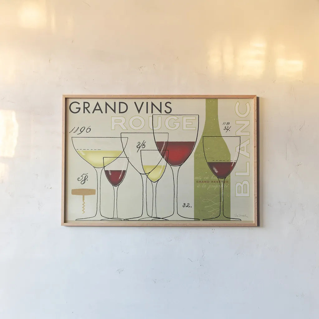 Grand Vins by Sue Schlabach. shown as a paper print in a natural frame. Available as a archival giclee rolled canvas, fine art paper, or poster print. SKU 31789i.