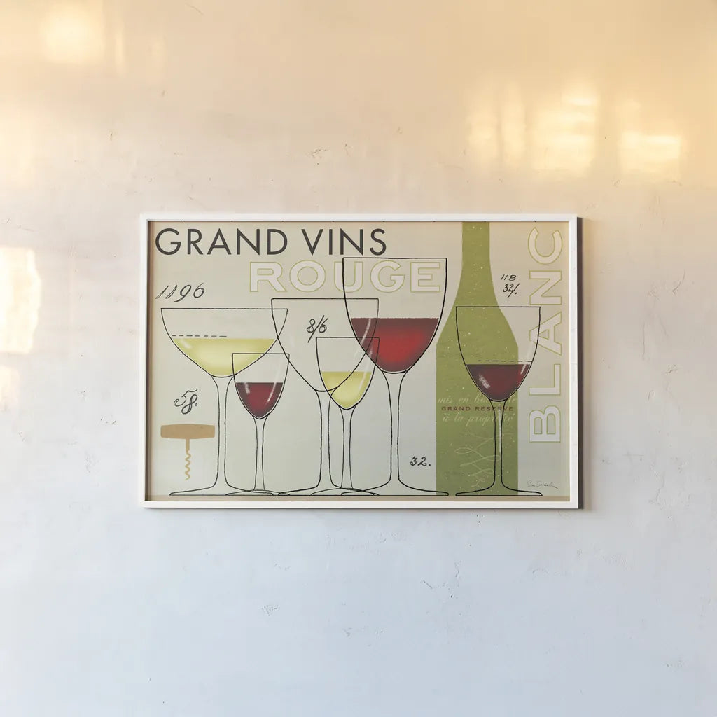 Grand Vins by Sue Schlabach. shown as a paper print in a white frame. Available as a archival giclee rolled canvas, fine art paper, or poster print. SKU 31789i.