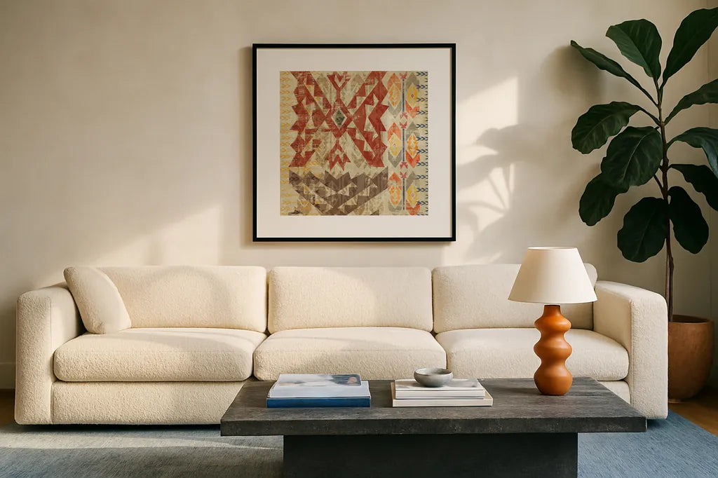 Grasslands Tapestry Red by Sue Schlabach. Displayed in a glass frame with matte in a clean modern living room. Available as an archival giclee rolled canvas, fine art paper, or poster print. SKU 44594a.