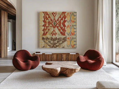 Grasslands Tapestry Red by Sue Schlabach. Shown as extra-large giant wall art in a modern living room. Available as an archival giclee rolled canvas, fine art paper, or poster print. SKU 44594a.