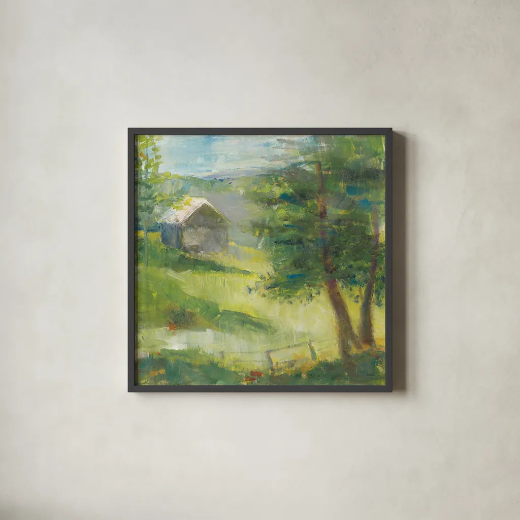 Gray Barn by Sue Schlabach. Shown in a sleek black glass frame for a contemporary gallery look. Available as an archival giclee rolled canvas, fine art paper, or poster print. SKU 35341a.
