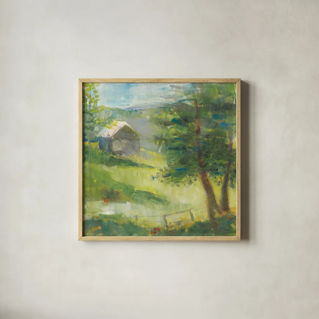 Gray Barn by Sue Schlabach. Shown in a natural wood glass frame for a timeless modern aesthetic. Available as an archival giclee rolled canvas, fine art paper, or poster print. SKU 35341a.