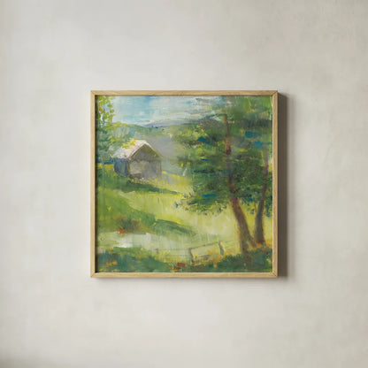 Gray Barn by Sue Schlabach. Shown in a natural wood glass frame for a timeless modern aesthetic. Available as an archival giclee rolled canvas, fine art paper, or poster print. SKU 35341a.