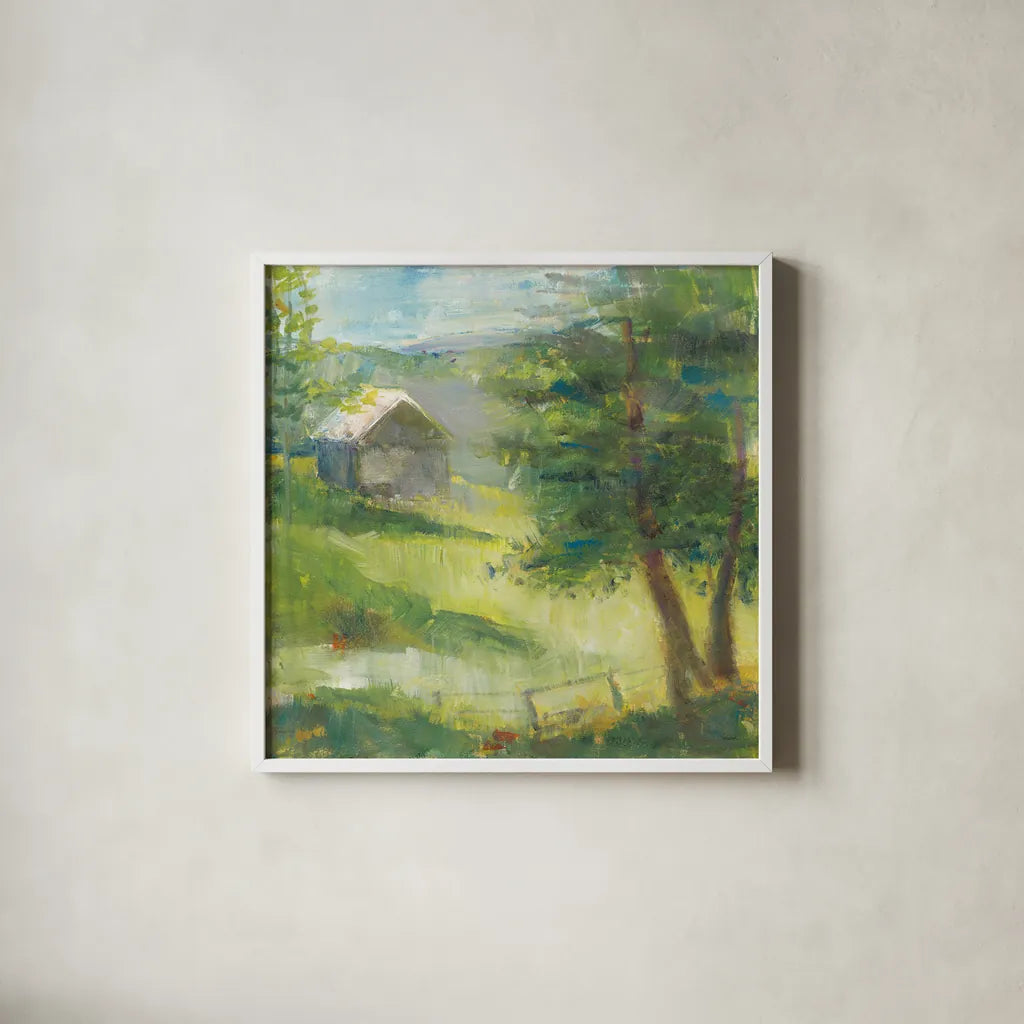 Gray Barn by Sue Schlabach. Shown in a crisp white glass frame for a clean and minimalist style. Available as an archival giclee rolled canvas, fine art paper, or poster print. SKU 35341a.