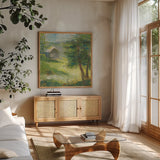 Gray Barn by Sue Schlabach. Shown in a natural wood frame in a cozy modern living room. Available as an archival giclee rolled canvas, fine art paper, or poster print. SKU 35341a.