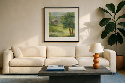 Gray Barn by Sue Schlabach. Displayed in a glass frame with matte in a clean modern living room. Available as an archival giclee rolled canvas, fine art paper, or poster print. SKU 35341a.