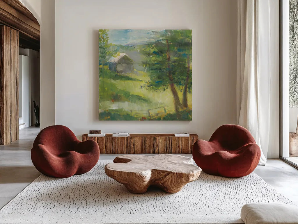 Gray Barn by Sue Schlabach. Shown as extra-large giant wall art in a modern living room. Available as an archival giclee rolled canvas, fine art paper, or poster print. SKU 35341a.