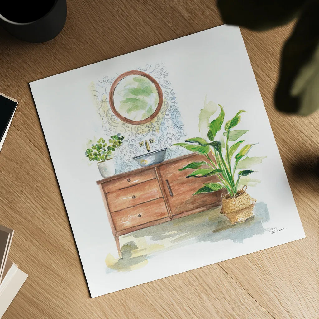 Greenery Bath I by Sue Schlabach. Shown as a detailed flat fine art print, highlighting archival giclee quality. Available as an archival giclee rolled canvas, fine art paper, or poster print. SKU 57649a.