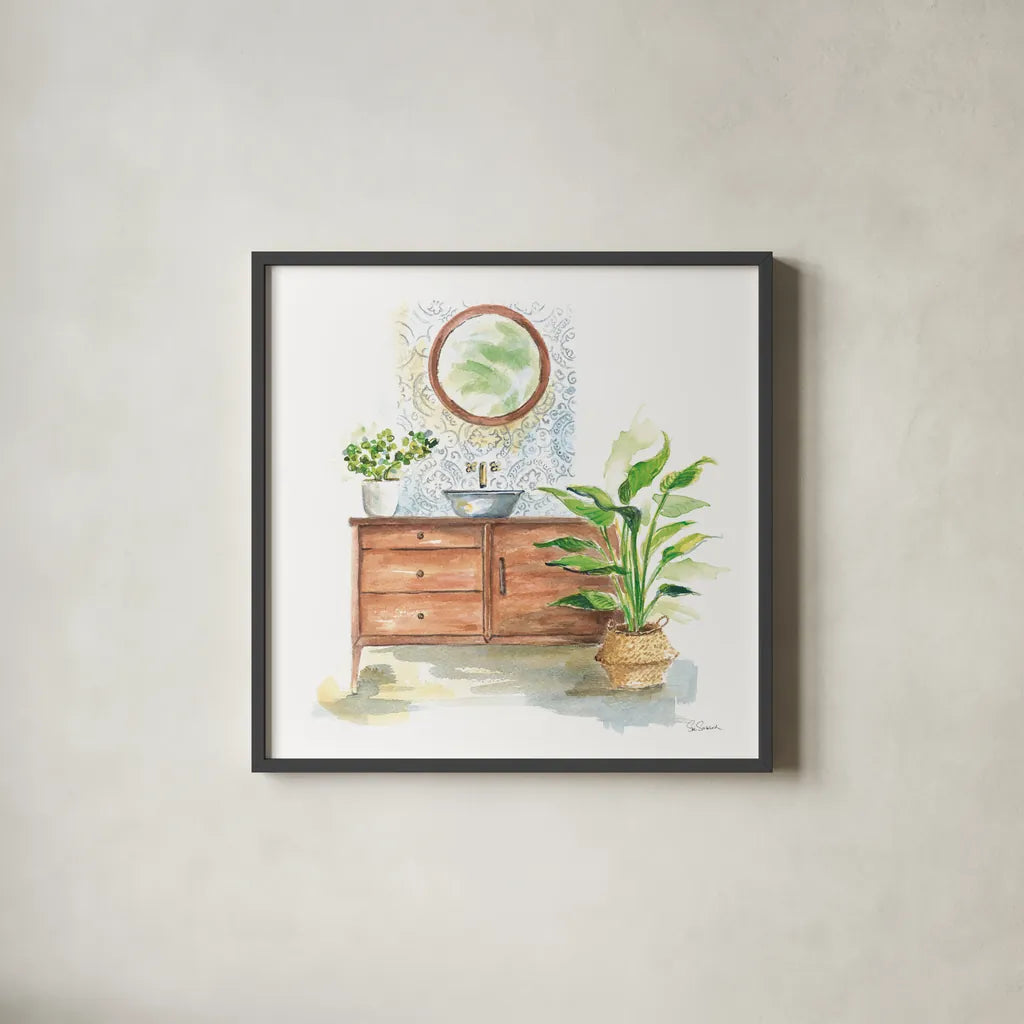 Greenery Bath I by Sue Schlabach. Shown in a sleek black glass frame for a contemporary gallery look. Available as an archival giclee rolled canvas, fine art paper, or poster print. SKU 57649a.