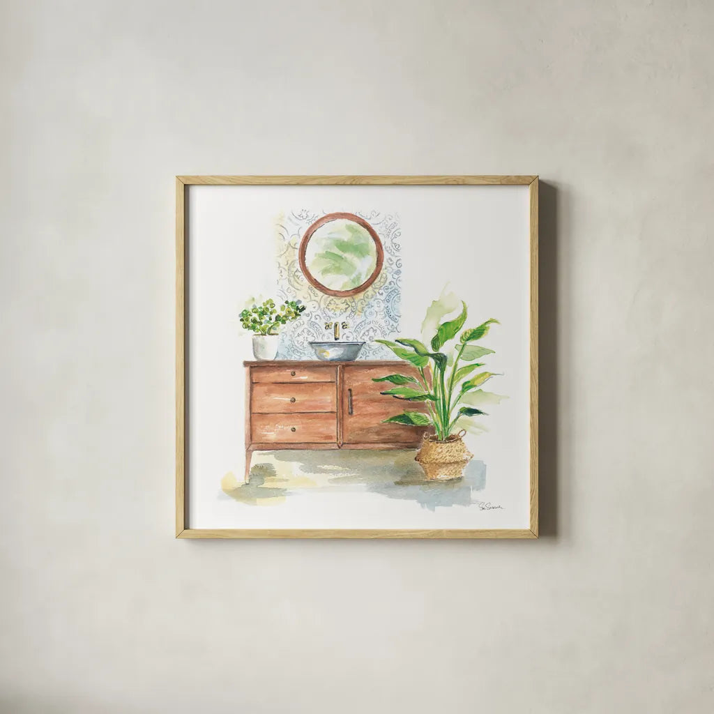 Greenery Bath I by Sue Schlabach. Shown in a natural wood glass frame for a timeless modern aesthetic. Available as an archival giclee rolled canvas, fine art paper, or poster print. SKU 57649a.