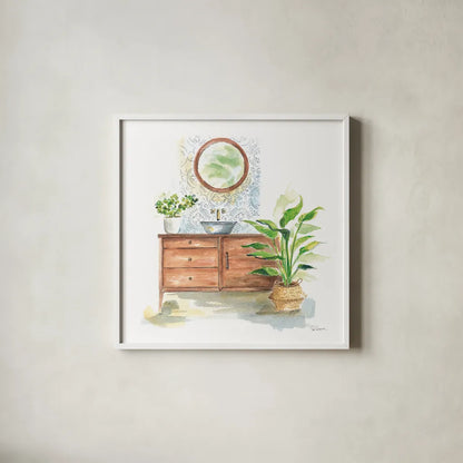 Greenery Bath I by Sue Schlabach. Shown in a crisp white glass frame for a clean and minimalist style. Available as an archival giclee rolled canvas, fine art paper, or poster print. SKU 57649a.