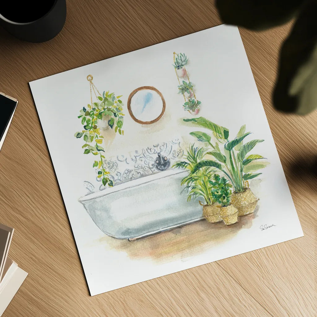 Greenery Bath II by Sue Schlabach. Shown as a detailed flat fine art print, highlighting archival giclee quality. Available as an archival giclee rolled canvas, fine art paper, or poster print. SKU 57650a.