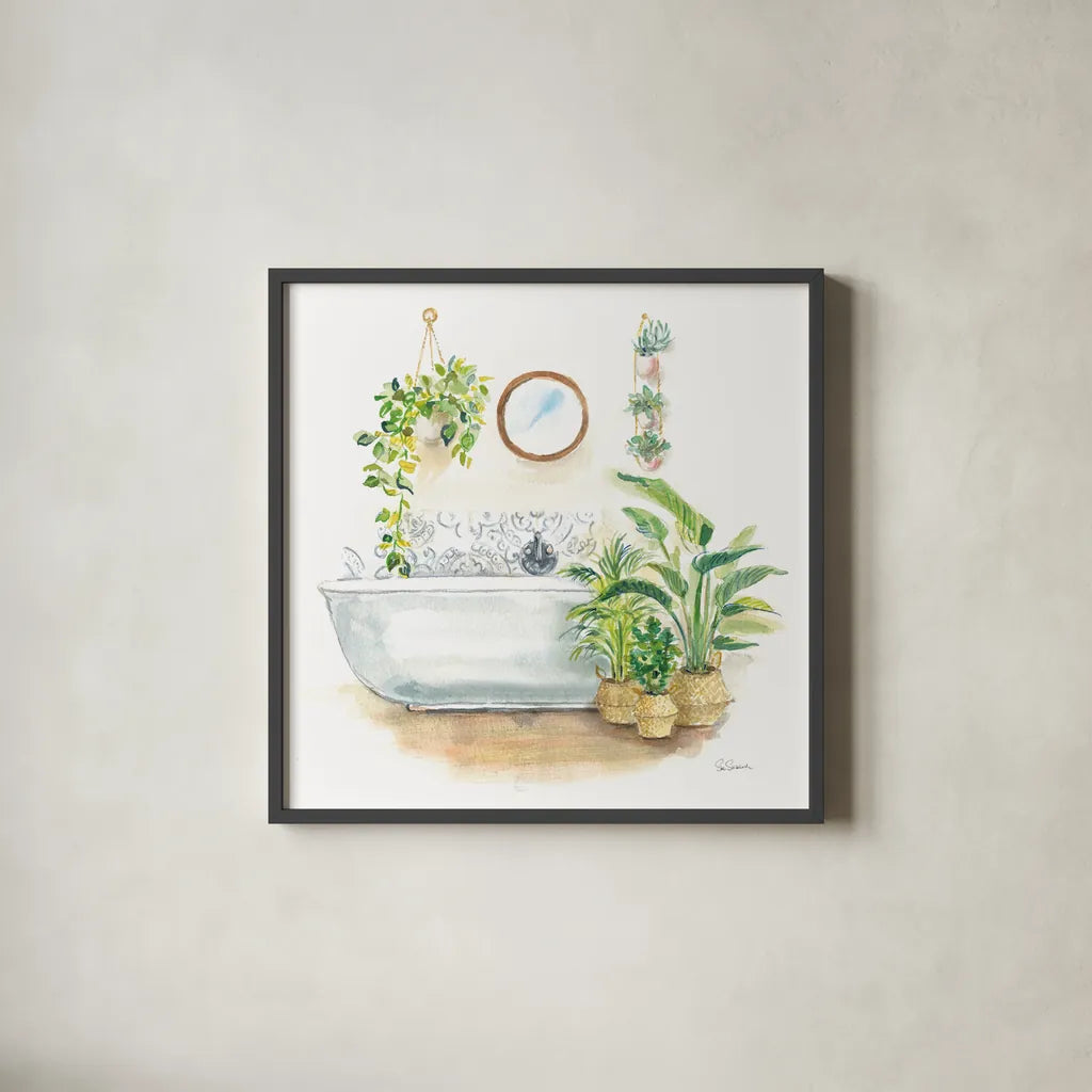 Greenery Bath II by Sue Schlabach. Shown in a sleek black glass frame for a contemporary gallery look. Available as an archival giclee rolled canvas, fine art paper, or poster print. SKU 57650a.