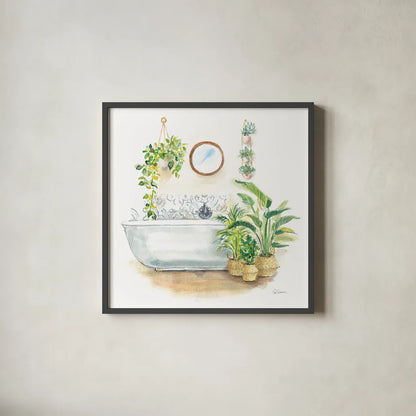 Greenery Bath II by Sue Schlabach. Shown in a sleek black glass frame for a contemporary gallery look. Available as an archival giclee rolled canvas, fine art paper, or poster print. SKU 57650a.