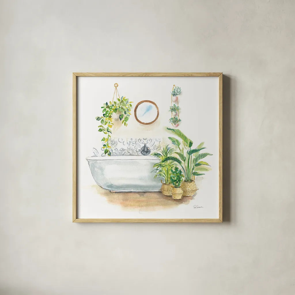 Greenery Bath II by Sue Schlabach. Shown in a natural wood glass frame for a timeless modern aesthetic. Available as an archival giclee rolled canvas, fine art paper, or poster print. SKU 57650a.