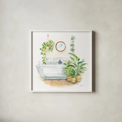 Greenery Bath II by Sue Schlabach. Shown in a crisp white glass frame for a clean and minimalist style. Available as an archival giclee rolled canvas, fine art paper, or poster print. SKU 57650a.