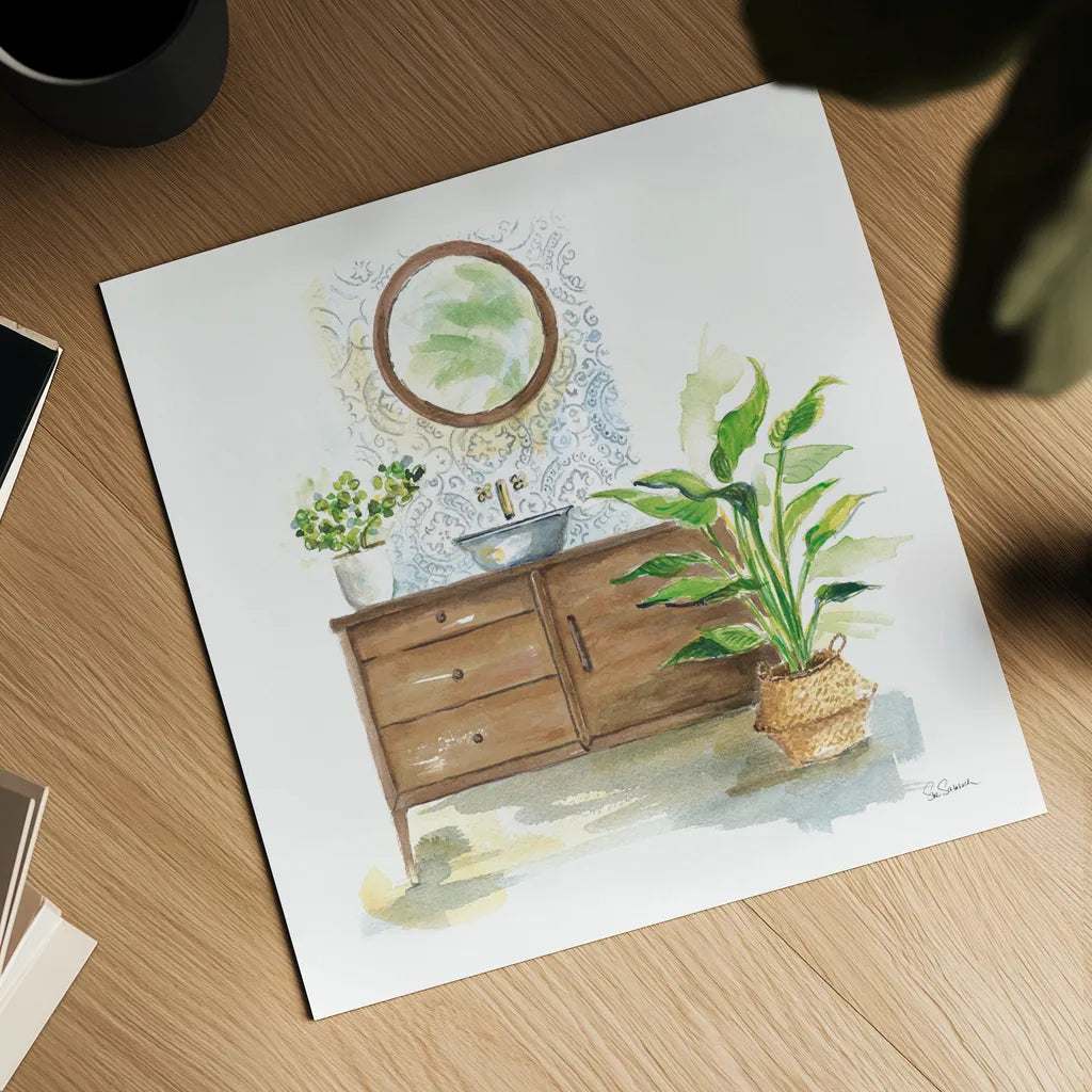 Greenery Bath Wood I by Sue Schlabach. Shown as a detailed flat fine art print, highlighting archival giclee quality. Available as an archival giclee rolled canvas, fine art paper, or poster print. SKU 62385a.