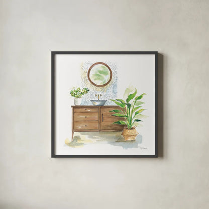 Greenery Bath Wood I by Sue Schlabach. Shown in a sleek black glass frame for a contemporary gallery look. Available as an archival giclee rolled canvas, fine art paper, or poster print. SKU 62385a.