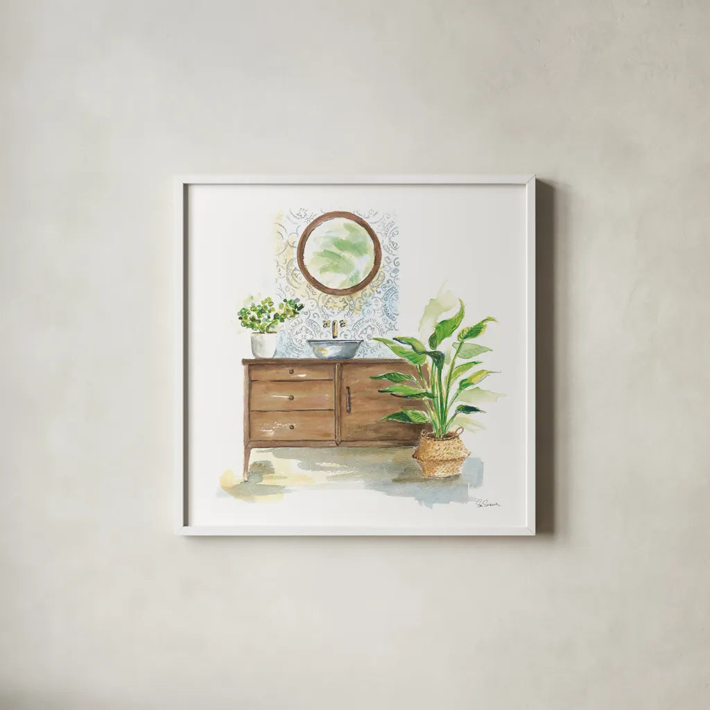 Greenery Bath Wood I by Sue Schlabach. Shown in a crisp white glass frame for a clean and minimalist style. Available as an archival giclee rolled canvas, fine art paper, or poster print. SKU 62385a.