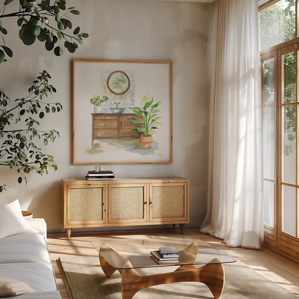 Greenery Bath Wood I by Sue Schlabach. Shown in a natural wood frame in a cozy modern living room. Available as an archival giclee rolled canvas, fine art paper, or poster print. SKU 62385a.