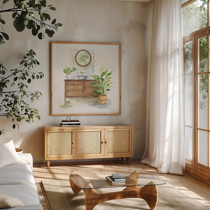 Greenery Bath Wood I by Sue Schlabach. Shown in a natural wood frame in a cozy modern living room. Available as an archival giclee rolled canvas, fine art paper, or poster print. SKU 62385a.