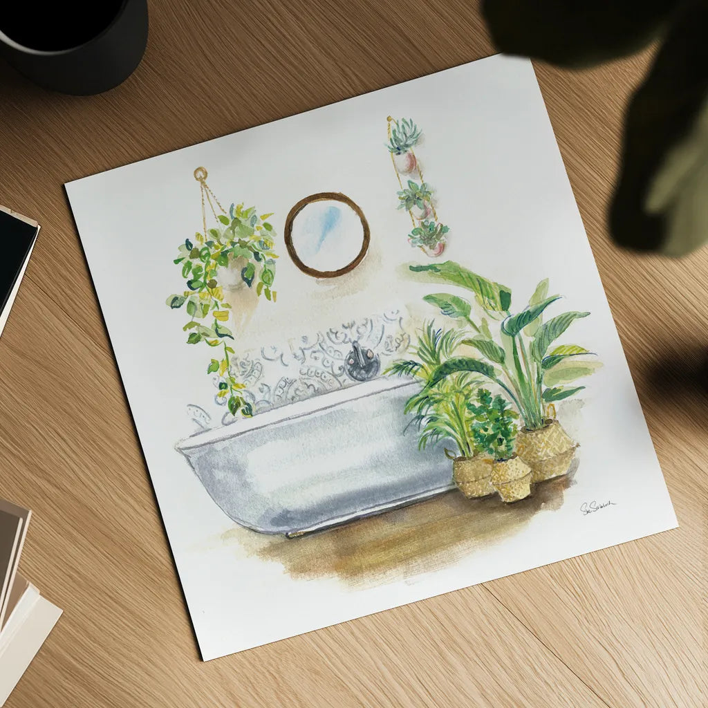Greenery Bath Wood II by Sue Schlabach. Shown as a detailed flat fine art print, highlighting archival giclee quality. Available as an archival giclee rolled canvas, fine art paper, or poster print. SKU 62386a.