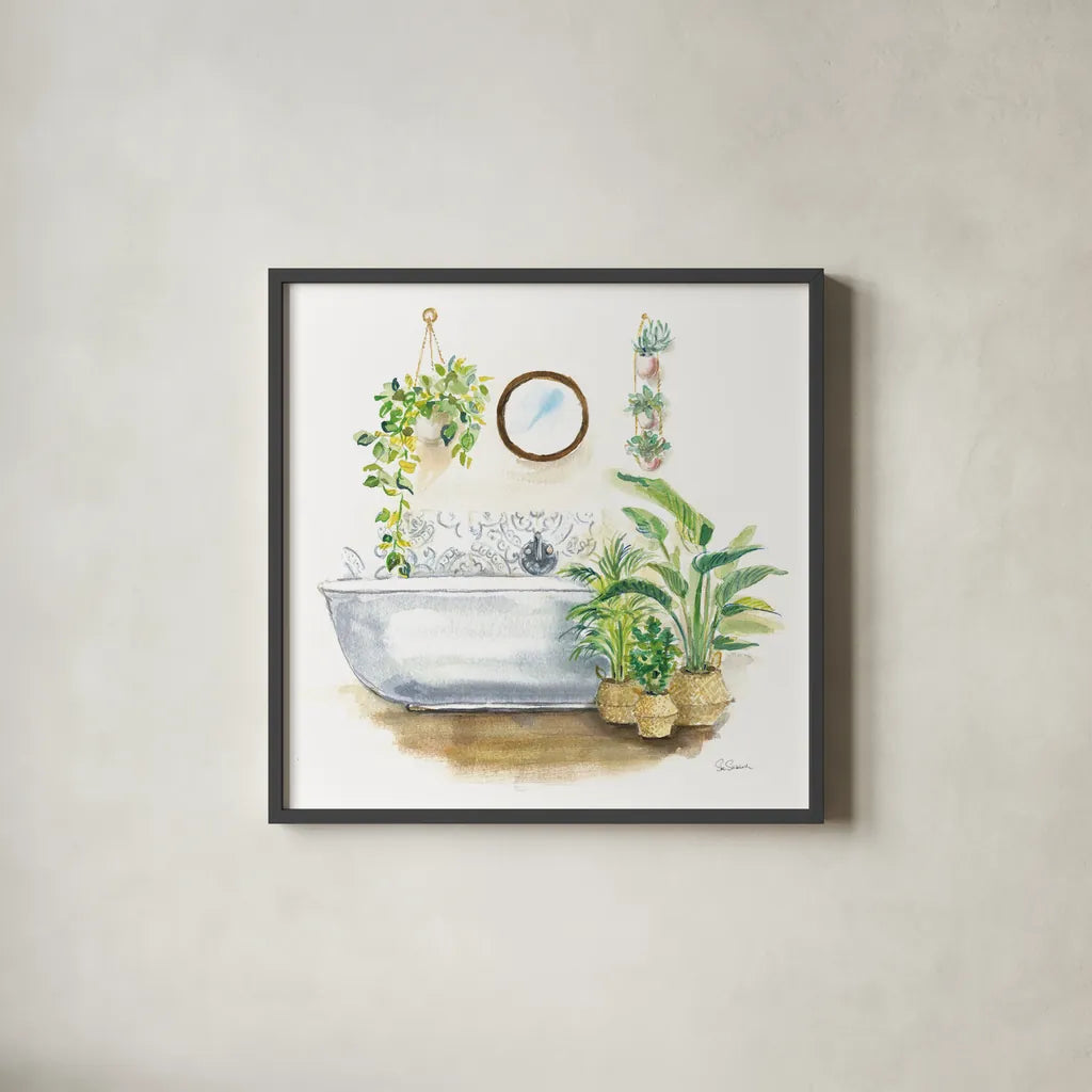 Greenery Bath Wood II by Sue Schlabach. Shown in a sleek black glass frame for a contemporary gallery look. Available as an archival giclee rolled canvas, fine art paper, or poster print. SKU 62386a.