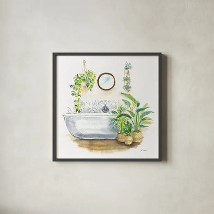 Greenery Bath Wood II by Sue Schlabach. Shown in a sleek black glass frame for a contemporary gallery look. Available as an archival giclee rolled canvas, fine art paper, or poster print. SKU 62386a.