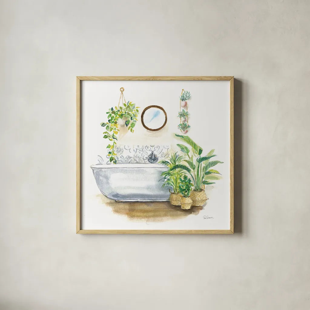 Greenery Bath Wood II by Sue Schlabach. Shown in a natural wood glass frame for a timeless modern aesthetic. Available as an archival giclee rolled canvas, fine art paper, or poster print. SKU 62386a.