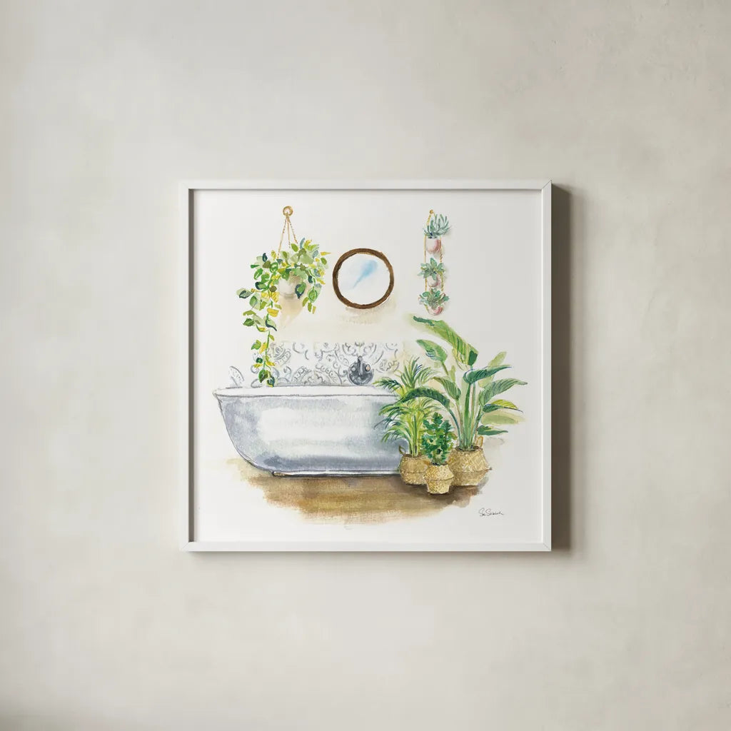 Greenery Bath Wood II by Sue Schlabach. Shown in a crisp white glass frame for a clean and minimalist style. Available as an archival giclee rolled canvas, fine art paper, or poster print. SKU 62386a.
