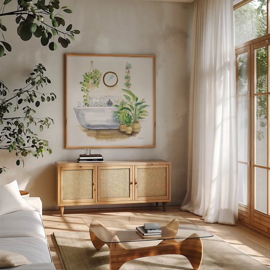 Greenery Bath Wood II by Sue Schlabach. Shown in a natural wood frame in a cozy modern living room. Available as an archival giclee rolled canvas, fine art paper, or poster print. SKU 62386a.