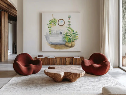 Greenery Bath Wood II by Sue Schlabach. Shown as extra-large giant wall art in a modern living room. Available as an archival giclee rolled canvas, fine art paper, or poster print. SKU 62386a.