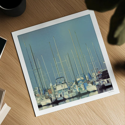 Harbor Boats Blue Sky by Sue Schlabach. Shown as a detailed flat fine art print, highlighting archival giclee quality. Available as an archival giclee rolled canvas, fine art paper, or poster print. SKU 23865a.