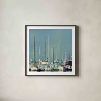 Harbor Boats Blue Sky by Sue Schlabach. Shown in a sleek black glass frame for a contemporary gallery look. Available as an archival giclee rolled canvas, fine art paper, or poster print. SKU 23865a.