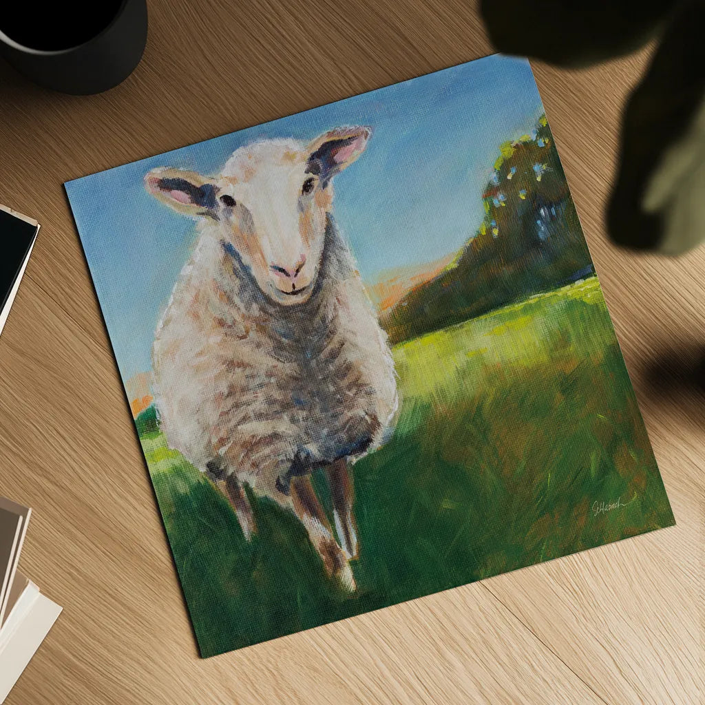 Head of the Flock by Sue Schlabach. Shown as a detailed flat fine art print, highlighting archival giclee quality. Available as an archival giclee rolled canvas, fine art paper, or poster print. SKU 89526a.