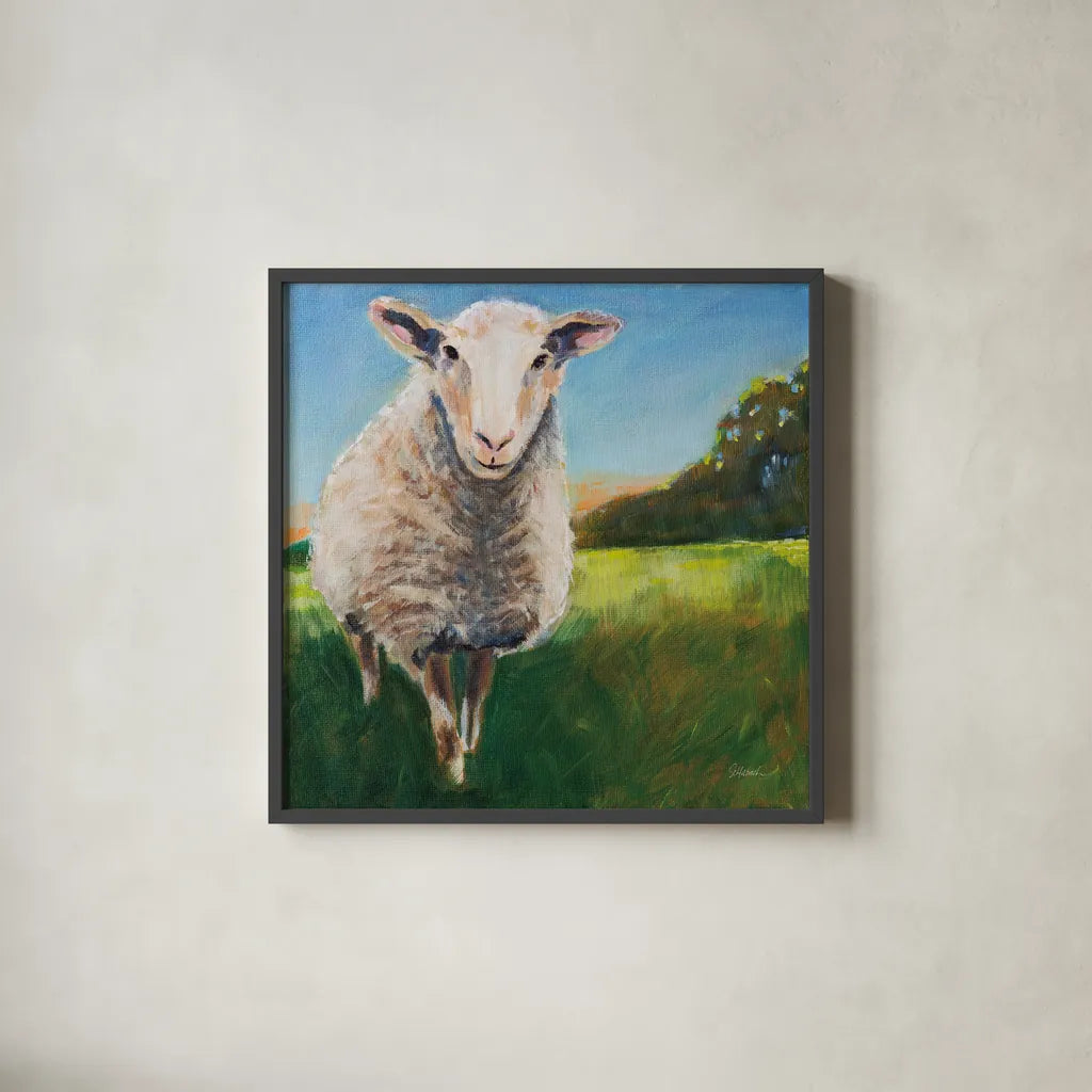 Head of the Flock by Sue Schlabach. Shown in a sleek black glass frame for a contemporary gallery look. Available as an archival giclee rolled canvas, fine art paper, or poster print. SKU 89526a.