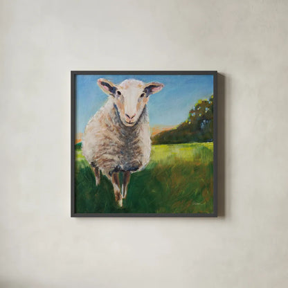 Head of the Flock by Sue Schlabach. Shown in a sleek black glass frame for a contemporary gallery look. Available as an archival giclee rolled canvas, fine art paper, or poster print. SKU 89526a.